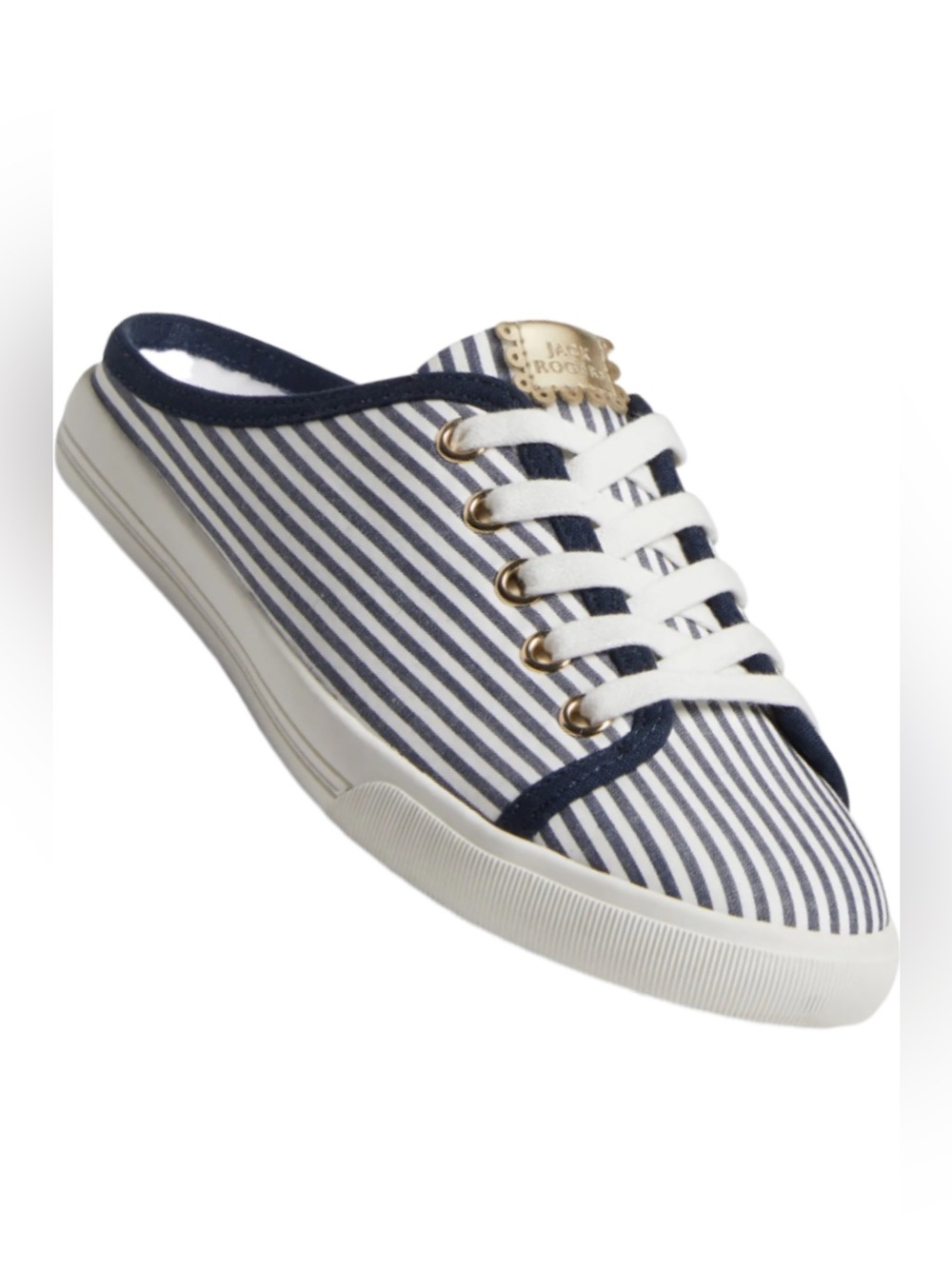 JACK ROGERS AVA SNEAKER MULES pinstripe canvas navy/white size 7B EUC